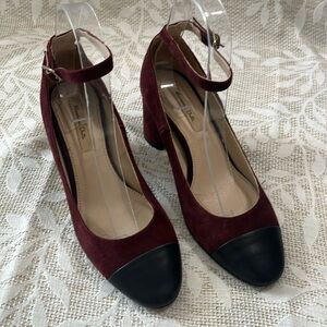 Massimo Dutti Maroon Suede Ankle Strap Black Leather Chunky‎ Heels Size 6.5/37
